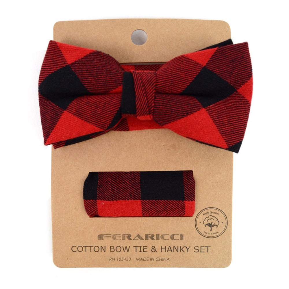 Red Tartan Buffalo Plaid Bow tie and Hanky Set